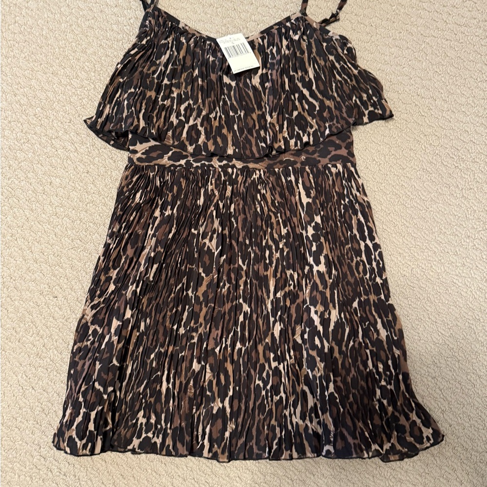 Brown and Black Mini Dress with Animal Print and Ruffled Overlay